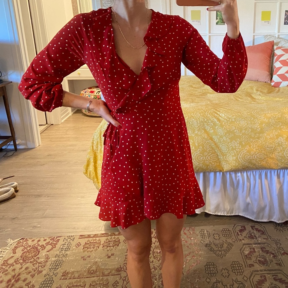 Red & white polka dot mini wrap dress